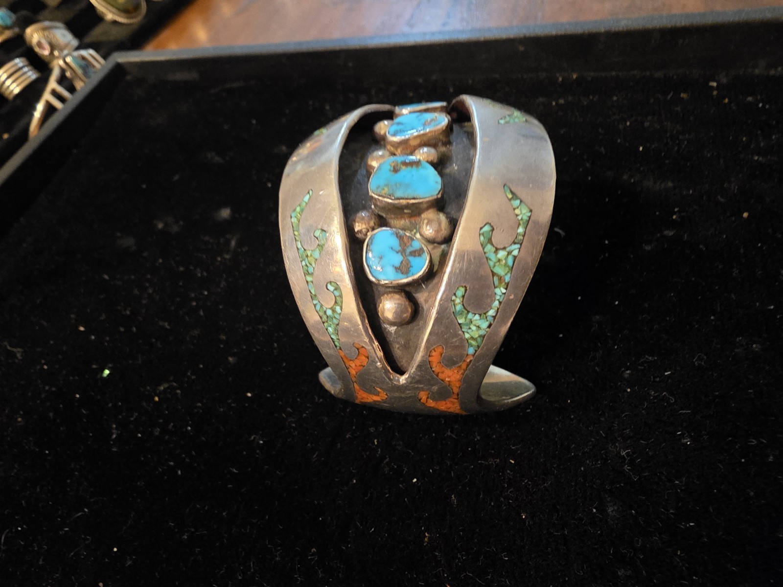 Sterling Silver Turquoise Cuff Bracelet Signed Unisex Adults Blue Green