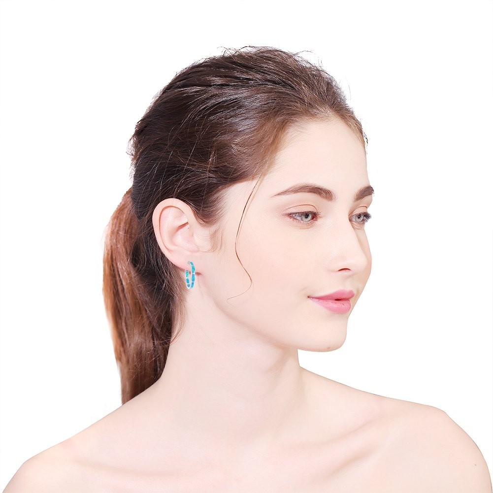 925 Sterling Silver Hoop Earring, Opal Small Small, Blue and Sliver