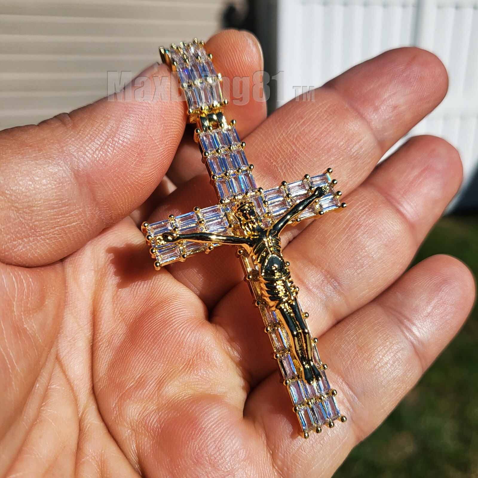 High-End Brass Crucifix Holy Jesus Cross Baguette Cubic Zirconia Charm Pendant