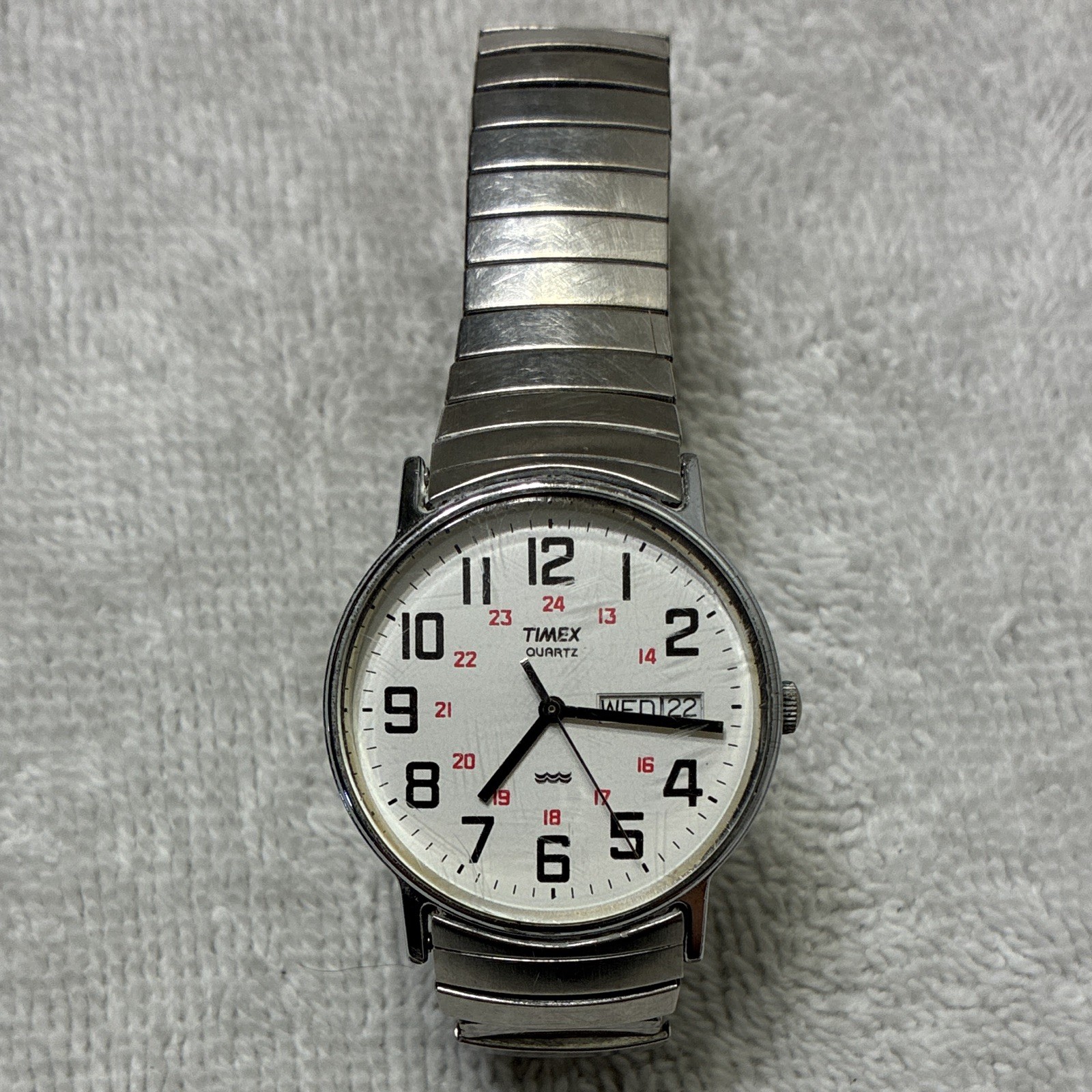 Timex Quartz Men’s Day/Date 12/24-Hour White Dial Silver-Tone Bracelet Watch