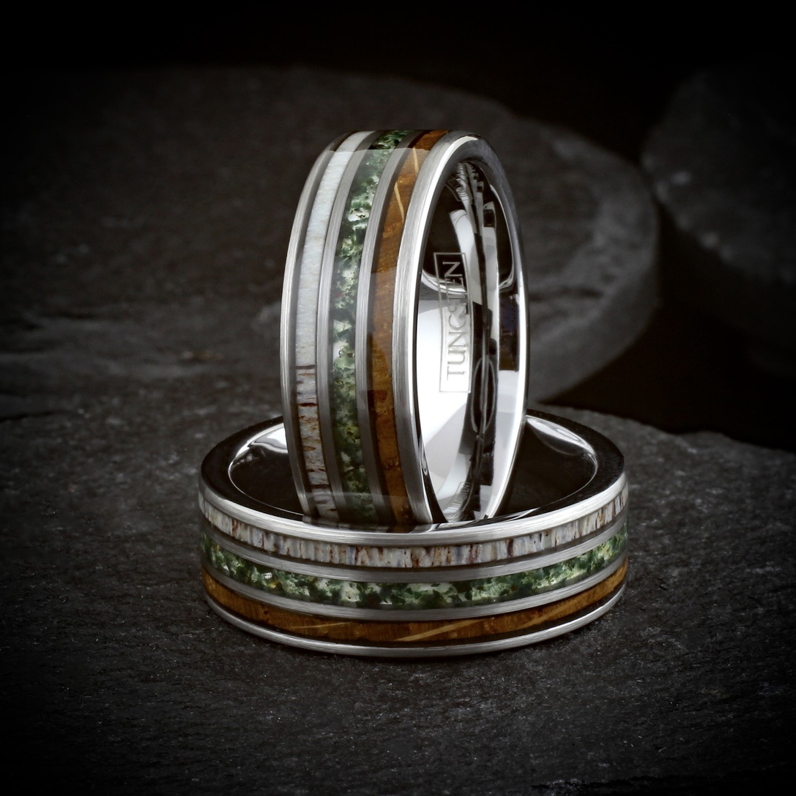 Tungsten Carbide Moss Agate Deer Antler Whiskey Barrel Band Ring