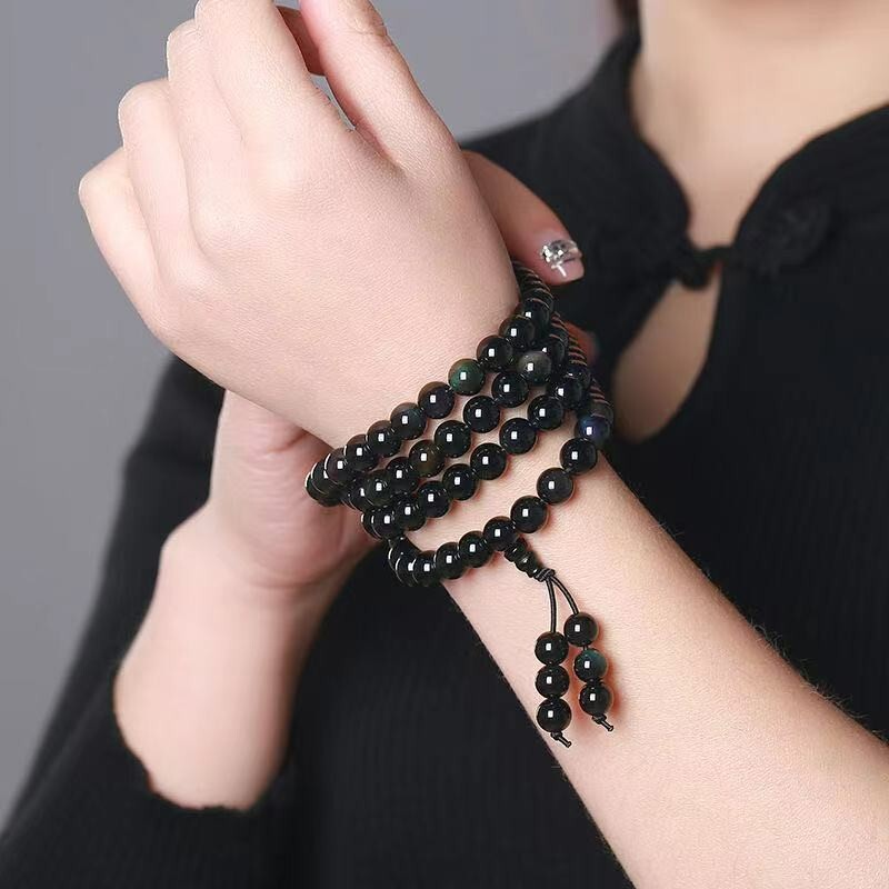 Natural Rainbow Obsidian 108 Mala Beads Necklace Vintage Healing Wrap Bracelet
