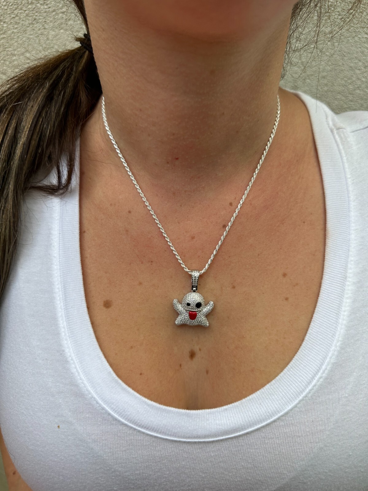 Real 925 Sterling Silver Gold Plated Snapchat Laughing Ghost Piece Pendant CZ