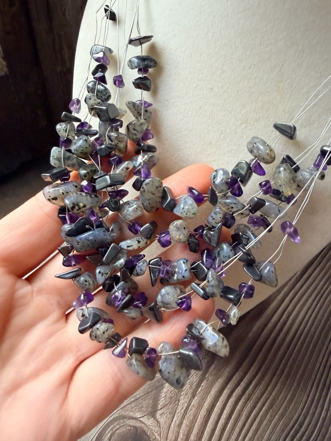 Multi-Strand Gemstone Chip Necklace with Amethyst and Labradorite