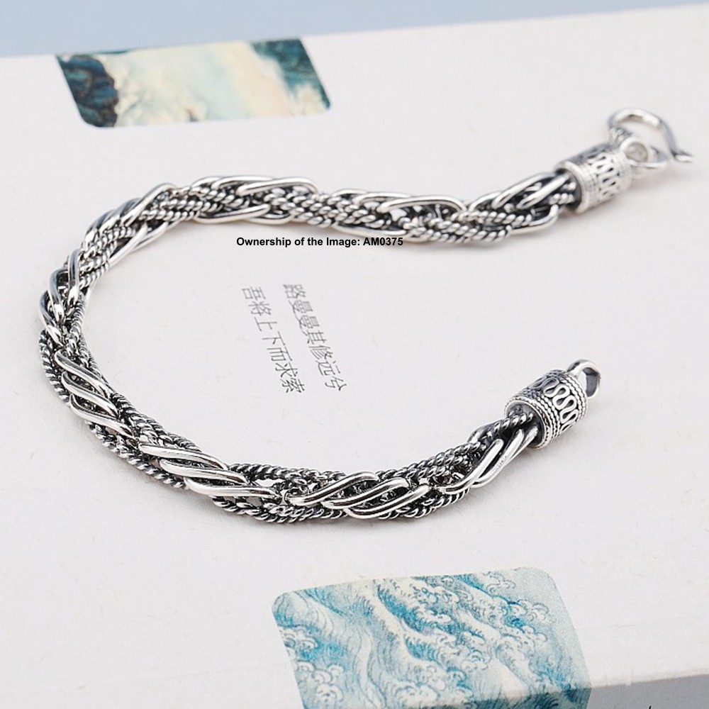 Pure 925 Silver Braided Wheat Link Chain Bracelet for Men/Women Vintage Look