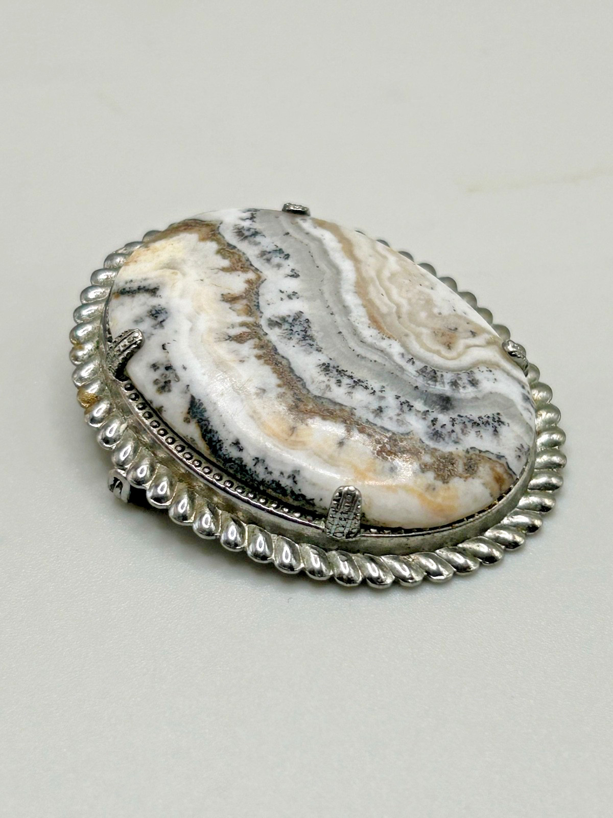 Hand Cut & Polished 2″ Dendrite Agate Stone Cabochon Pin in Sterling Silver JP2