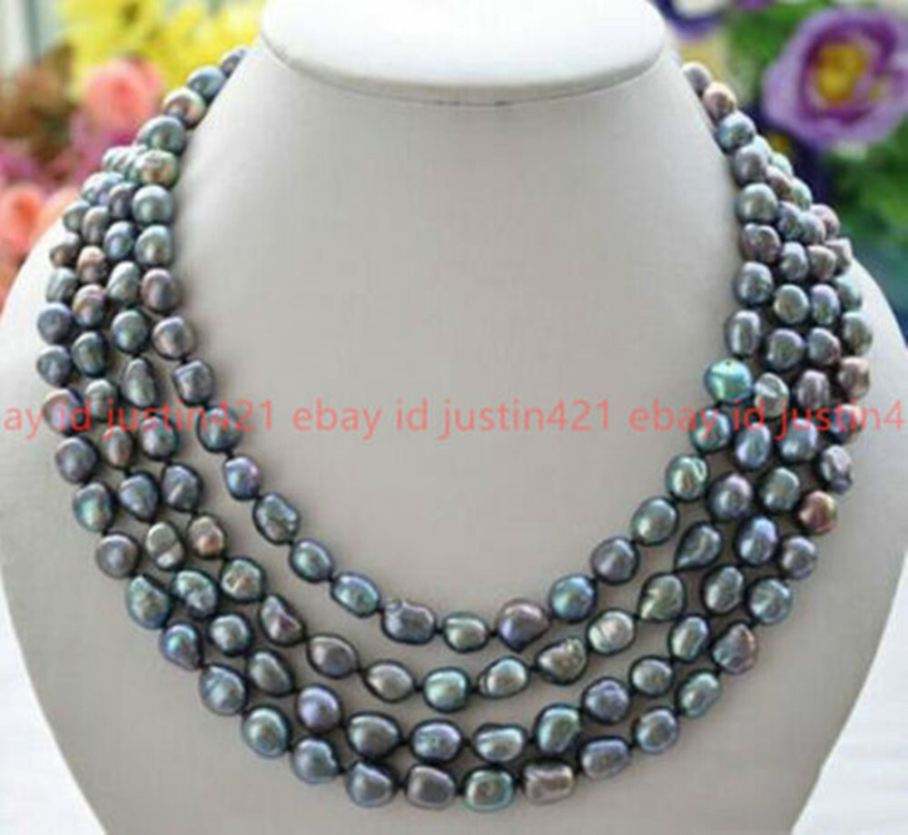 Rare Natural 8-9mm Freshwater Peacock Black Baroque Pearl Necklaces 16-100″