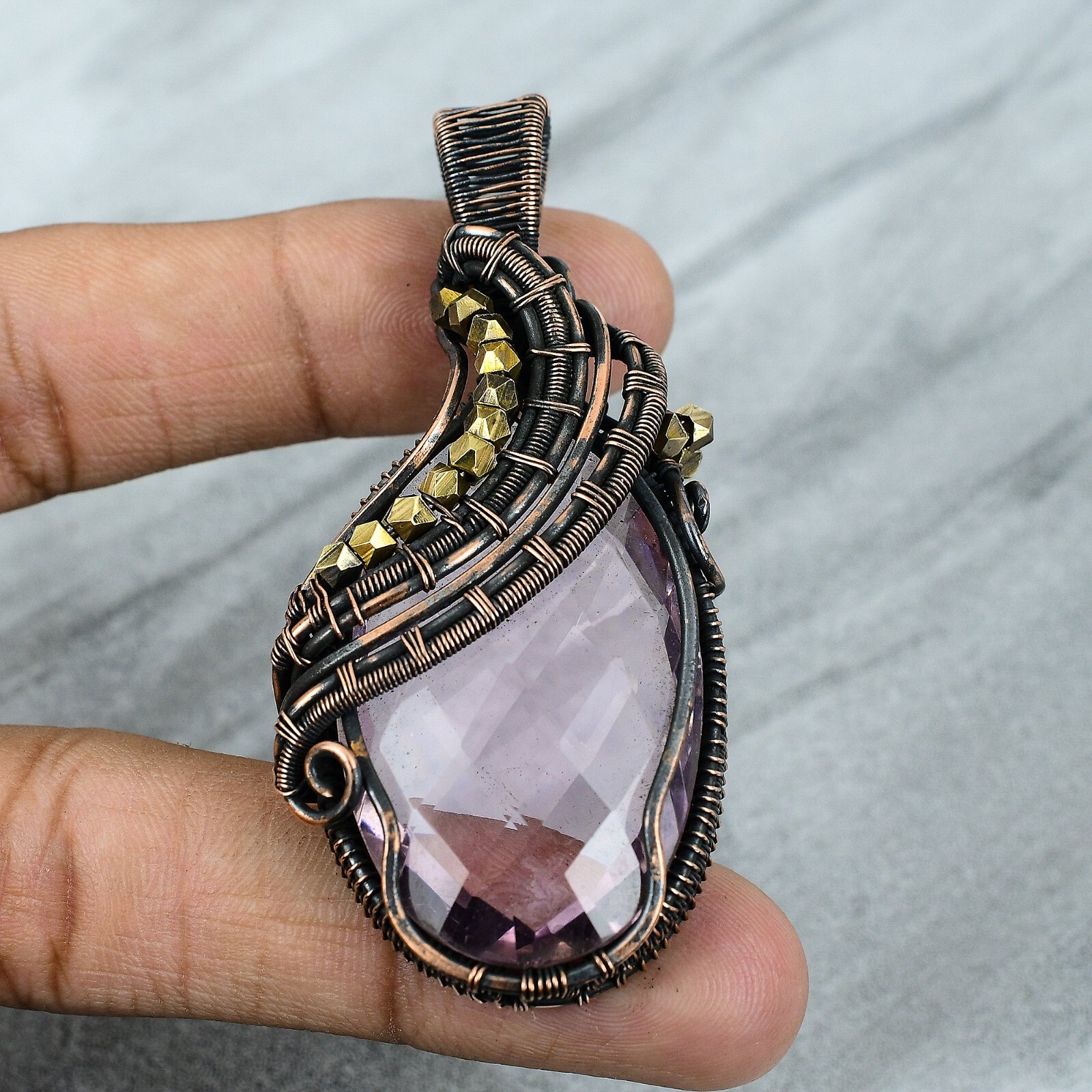Wedding Gift For Her Copper Pink Kunzite Jewelry Wire Wrapped Pendant 2.87″