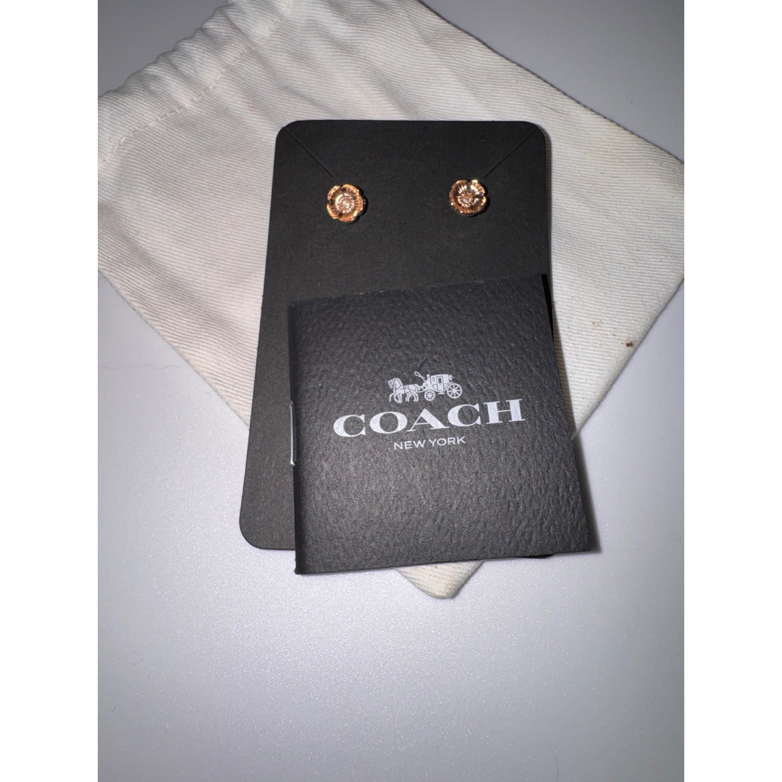 Coach Tea Rose Stud Earrings Rose Gold Tone Crystal Floral Jewelry with Pouch