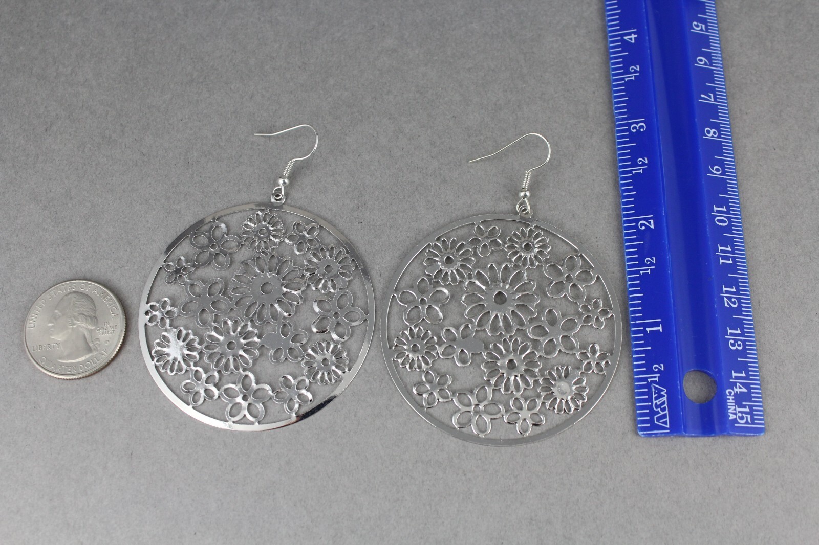 Silver flower filigree round disc earrings medallion 2.75″ long very lightweight