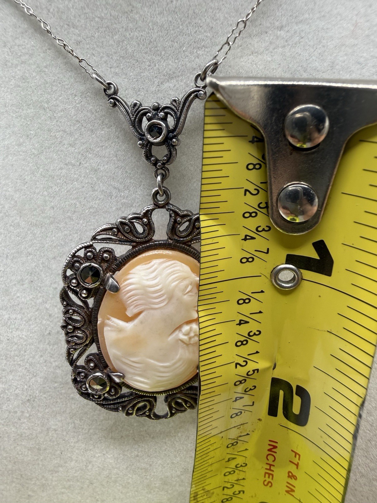 Vintage Sterling Silver Shell Cameo Marcasite Filigree Pendant Necklace