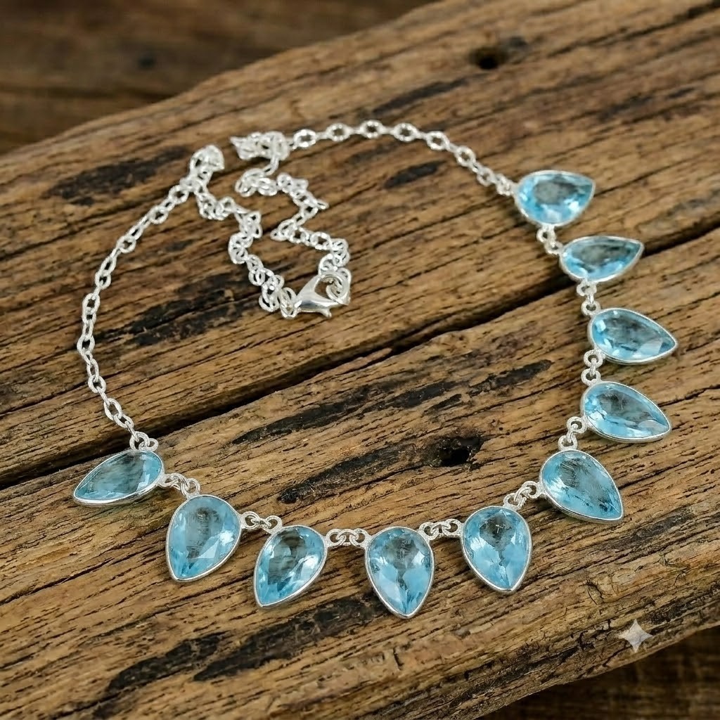 Blue Aquamarine Gemstone 925 Sterling Silver Jewelry Necklace Size-17-18″
