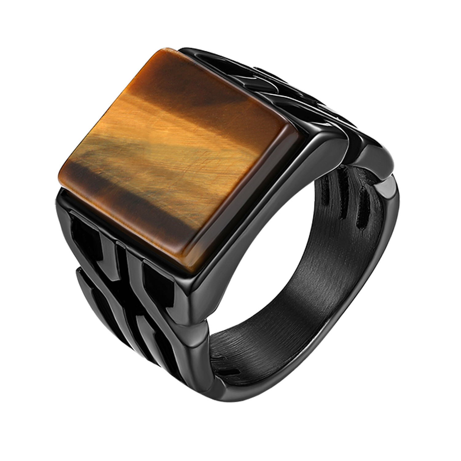 Men’s Retro Glossy Stainless Steel Tiger Eye Stone Patterned Band Ring Size 8-11