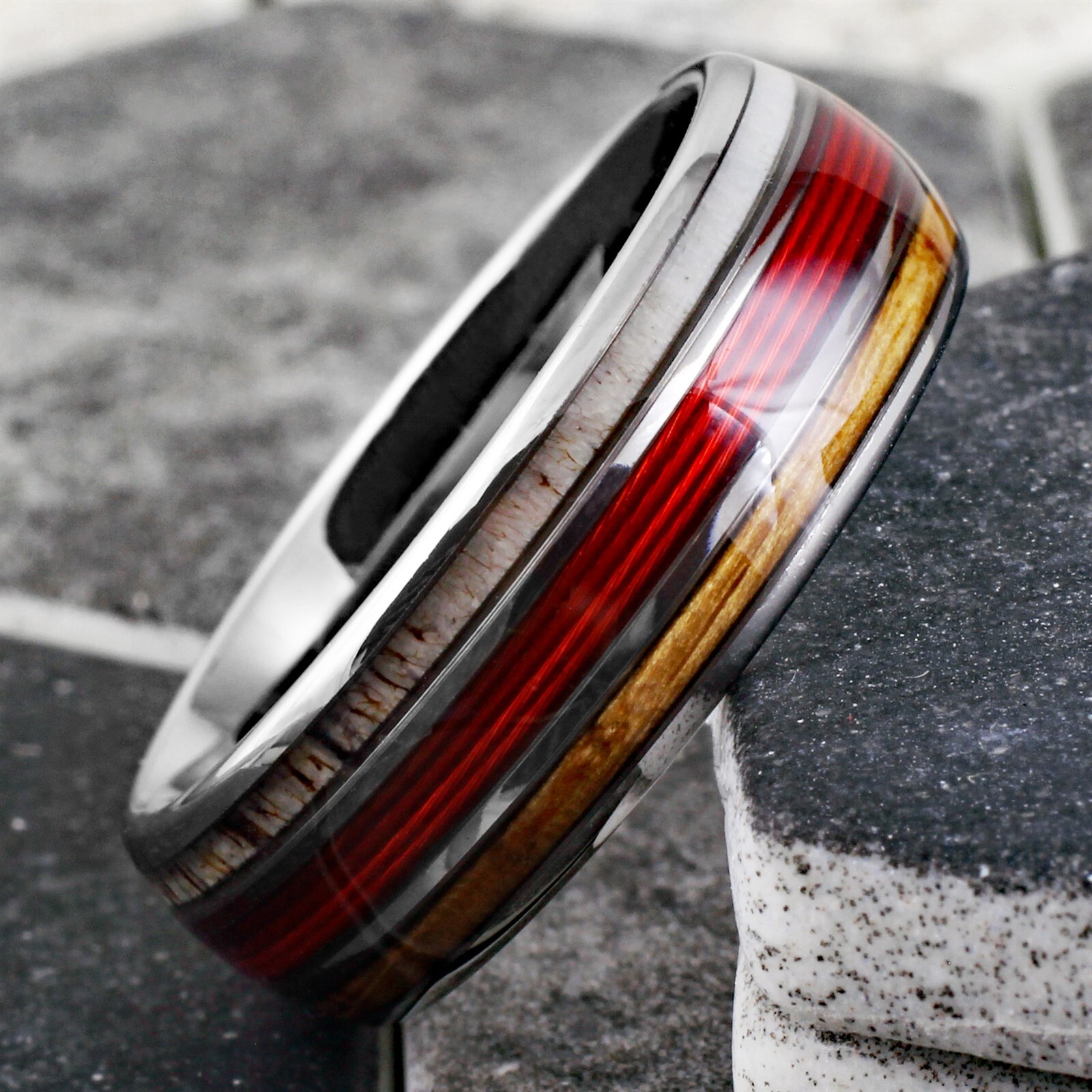 Tungsten Carbide Men’s Ring Red Fishing Line-Whiskey Barrel & Deer Antler Band