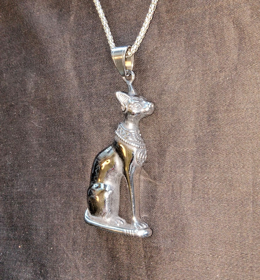 Ancient Egyptian Cat Bastet Silverplated Dramatic Large Pendant, Egyptian Bast