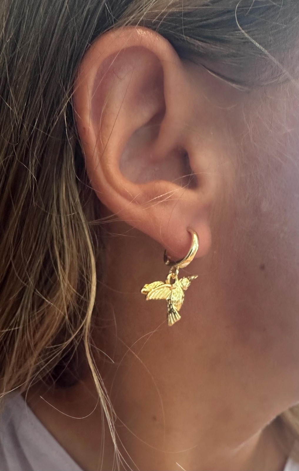 Asymmetrical Hummingbird and White Coin Pearl Drop Earrings, Gold Plated