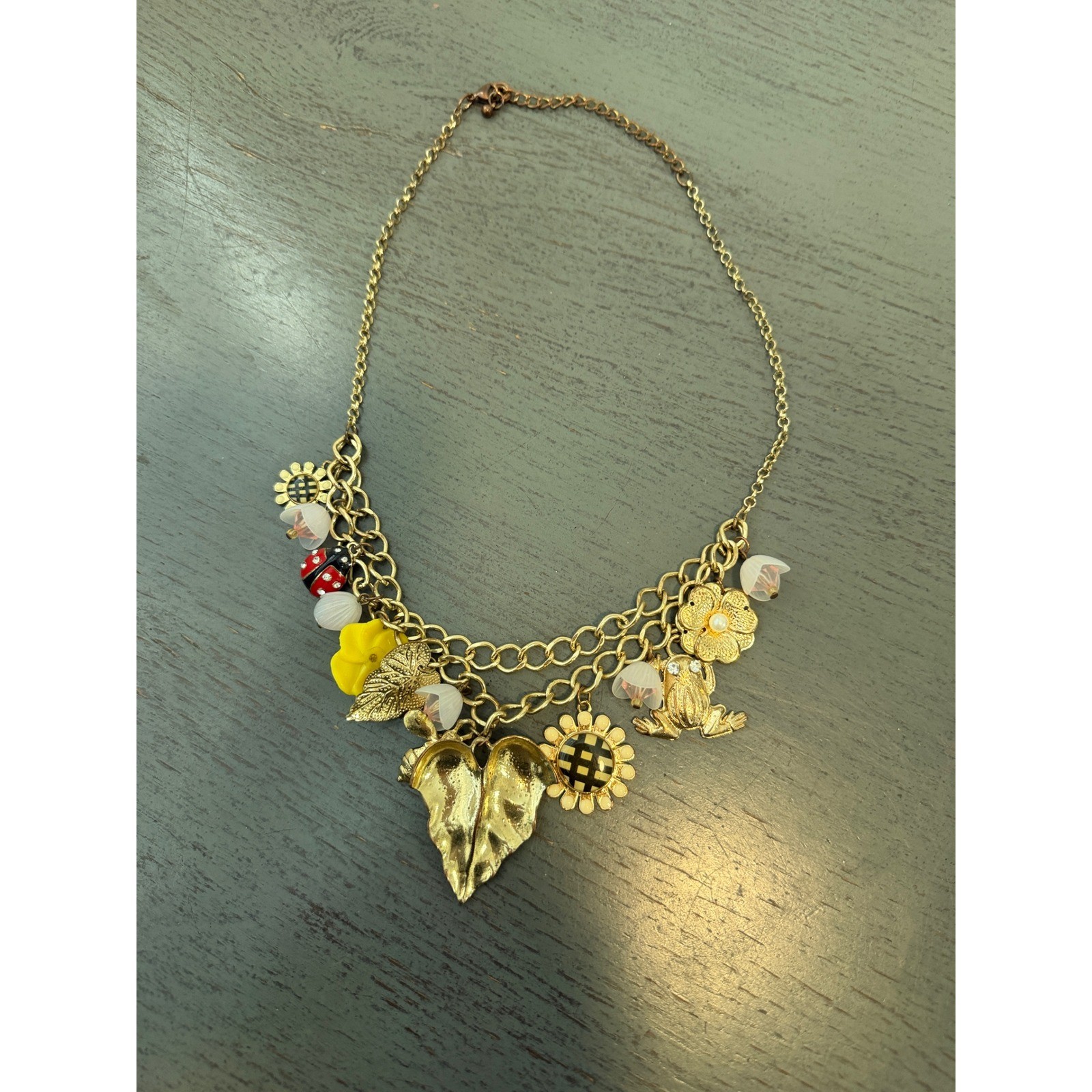 Vintage Gold Tone Garden Charm Necklace Ladybug Frog Sunflower Cottagecore 12in