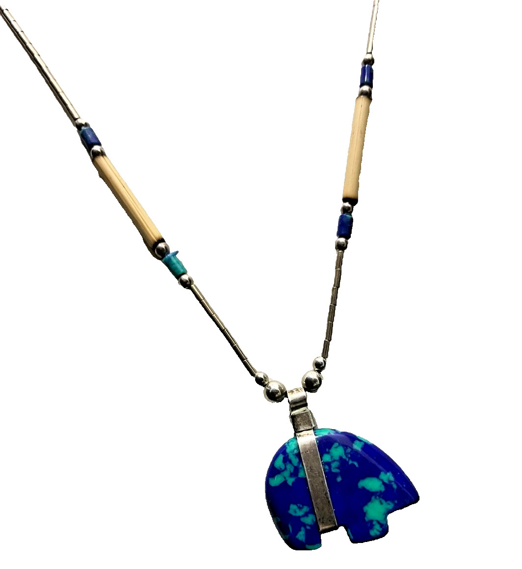 Vintage Liquid Silver Sterling Necklace Azurite Bear Pendant Beaded Barrel Clasp