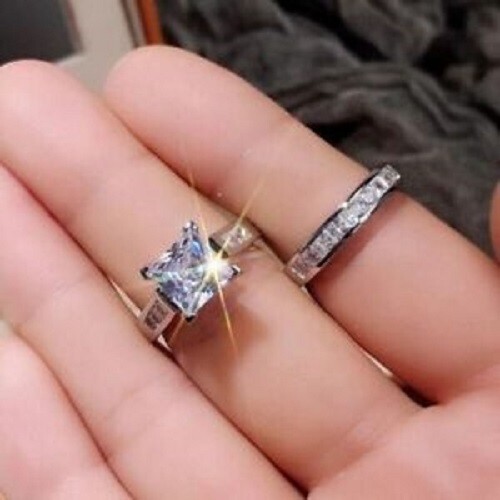 Princess Cut Lab-Created Diamond Wedding Band Bridal 925 Silver Gift Ring Set