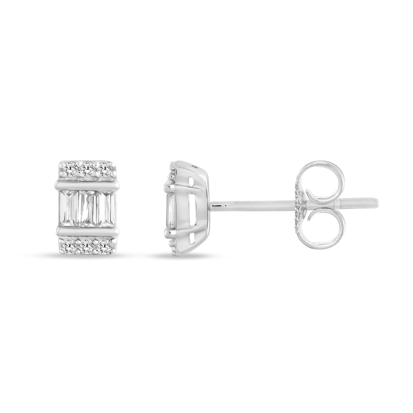 0.12 Ct Natural Round & Baguette Stud Earrings 10K White Gold for Womens