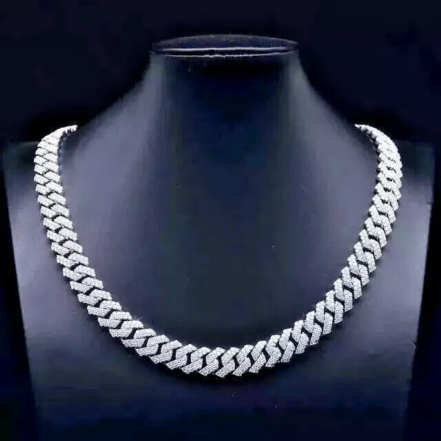 Miami Cuban Link Round Lab Created Diamond Men Chain 14K White Gold Plated