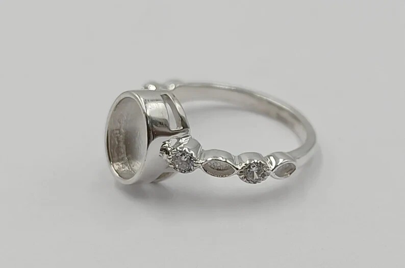 925 Sterling Solid Silver 6x8mm Oval Bezel Ring Blank with Zircon DIY Jewelry