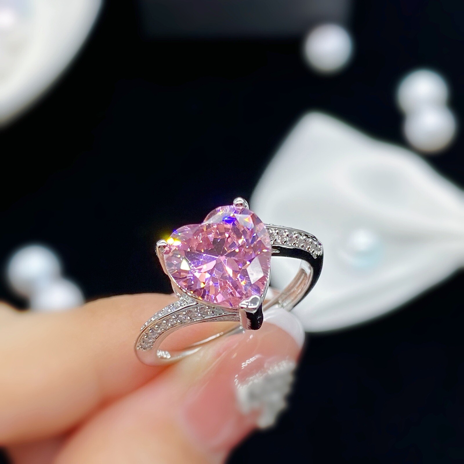 18K White Gold Plated Pink Gemstone Crystal Love Heart Ring for Women,Gifts
