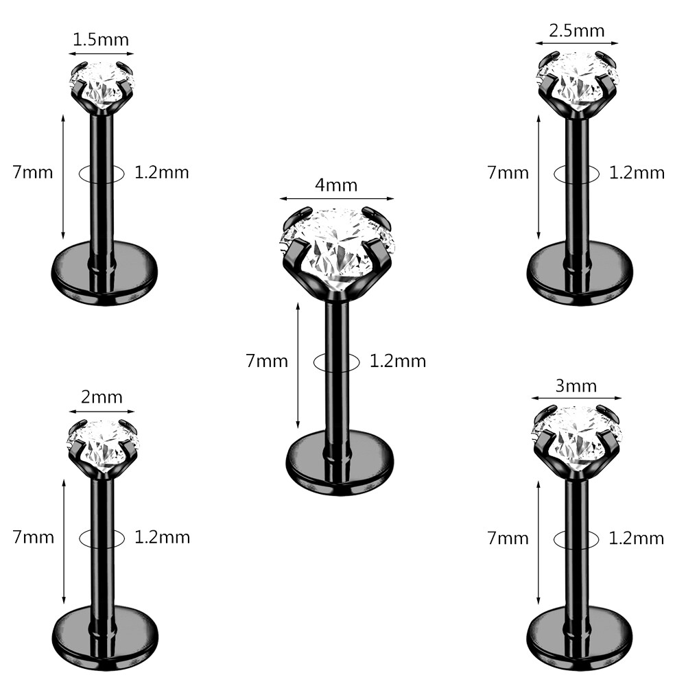 10Pcs Stainless Steel Labret Lip Stud Push in CZ Monroe Ear Helix Conch Piercing