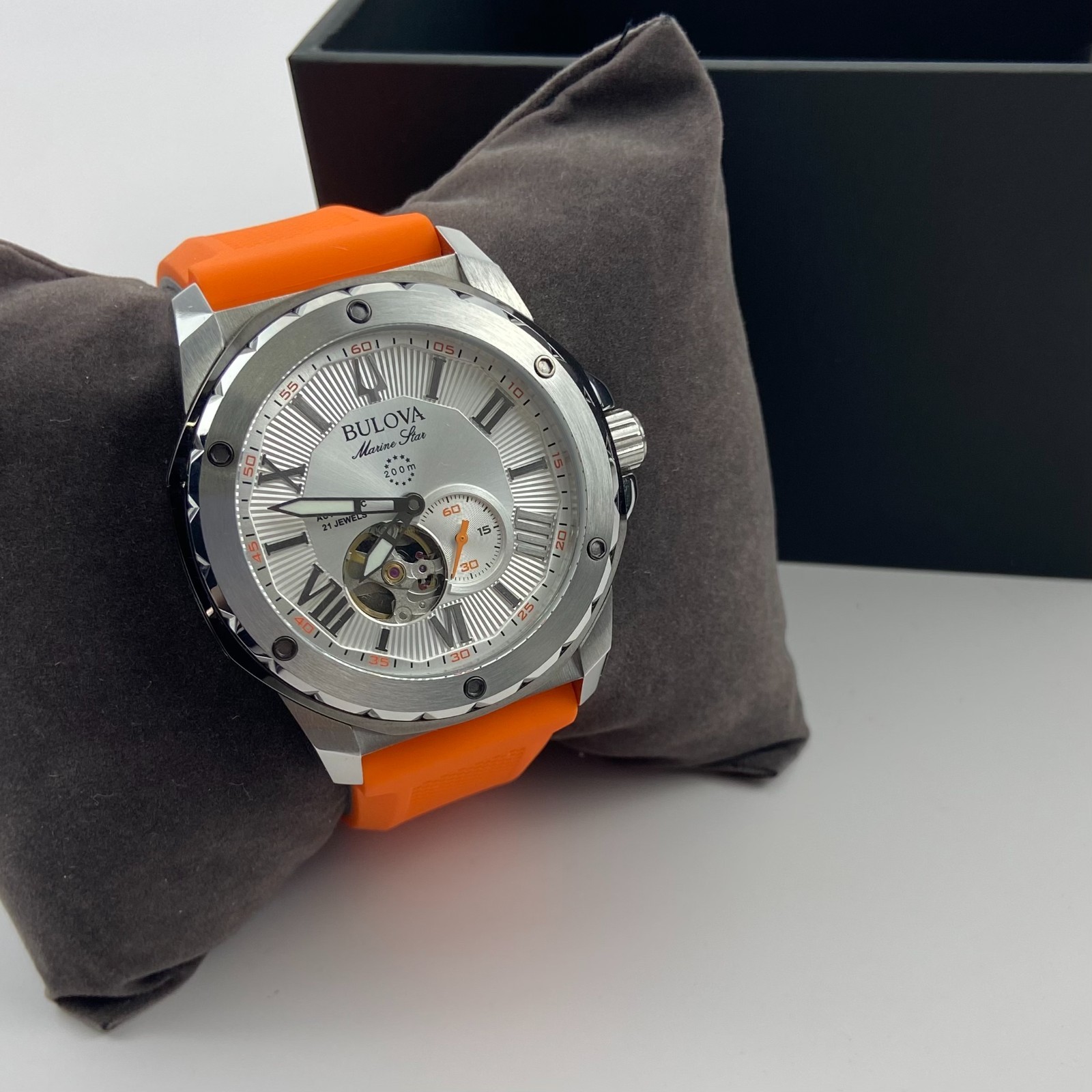 Bulova Marine Star 98A226 Automatic Watch White Dial Orange Rubber Strap 45mm