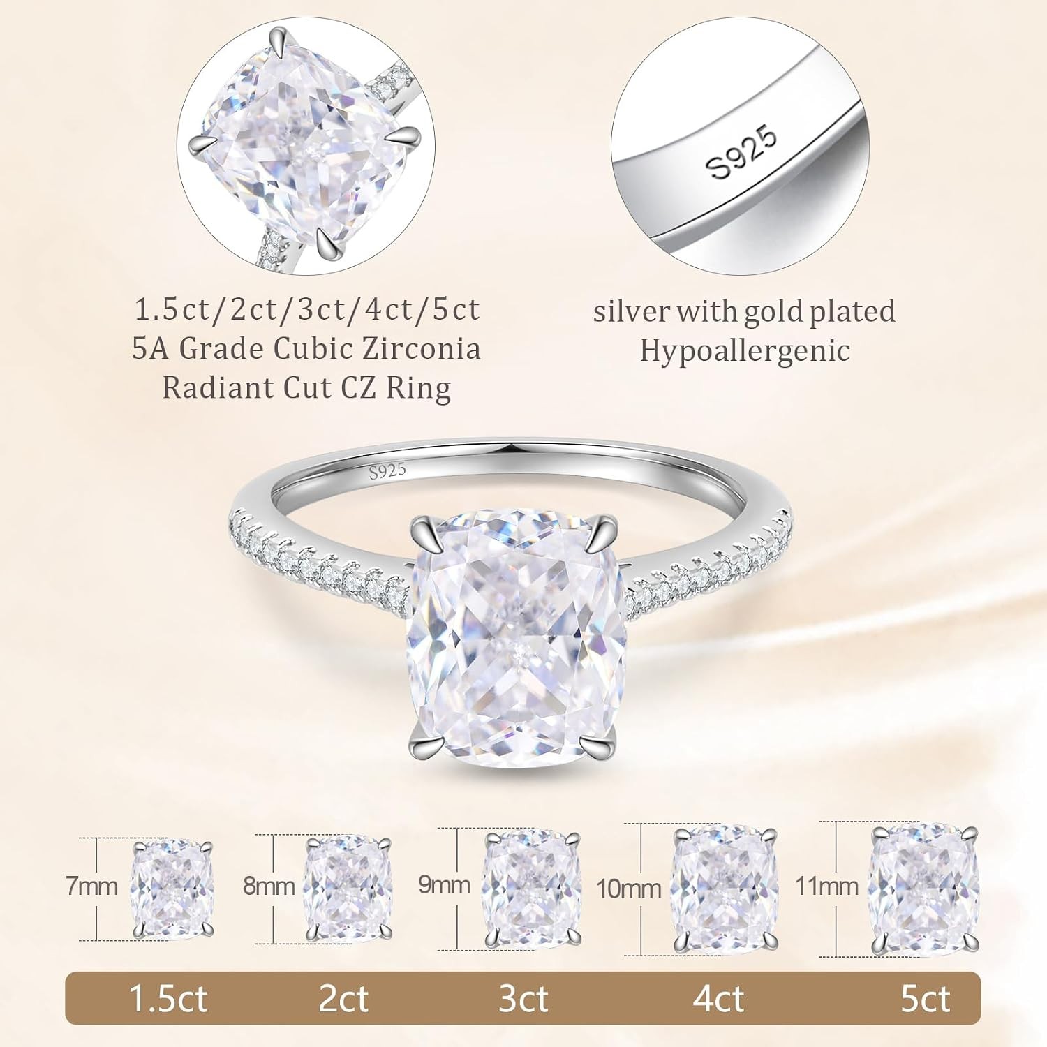 1.5-5CT Multi Cut CZ Solitaire Engagement Ring S925 Silver 18K White Gold Plated