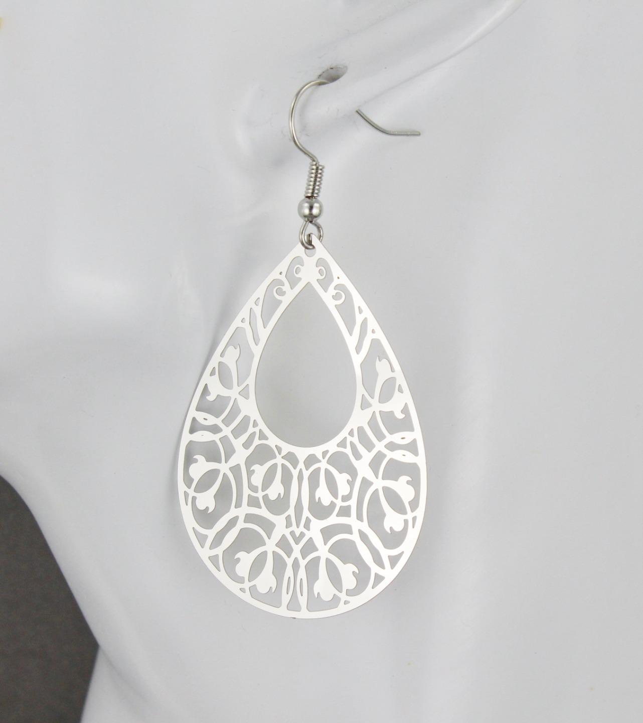 Silver teardrop filigree dangle earrings shiny 2 7/16″ long lightweight scroll