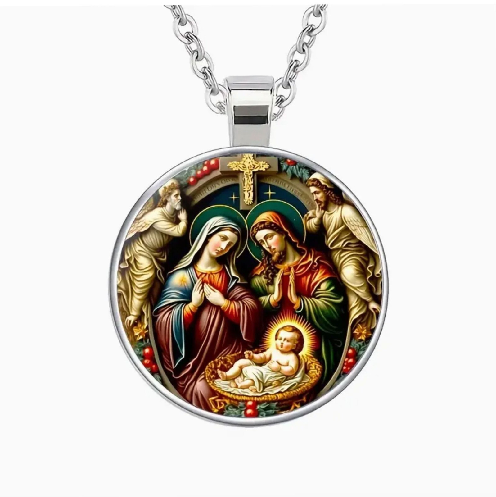 Retro Jesus Family Print Round Pendant Necklace, Gift for Religious Believers