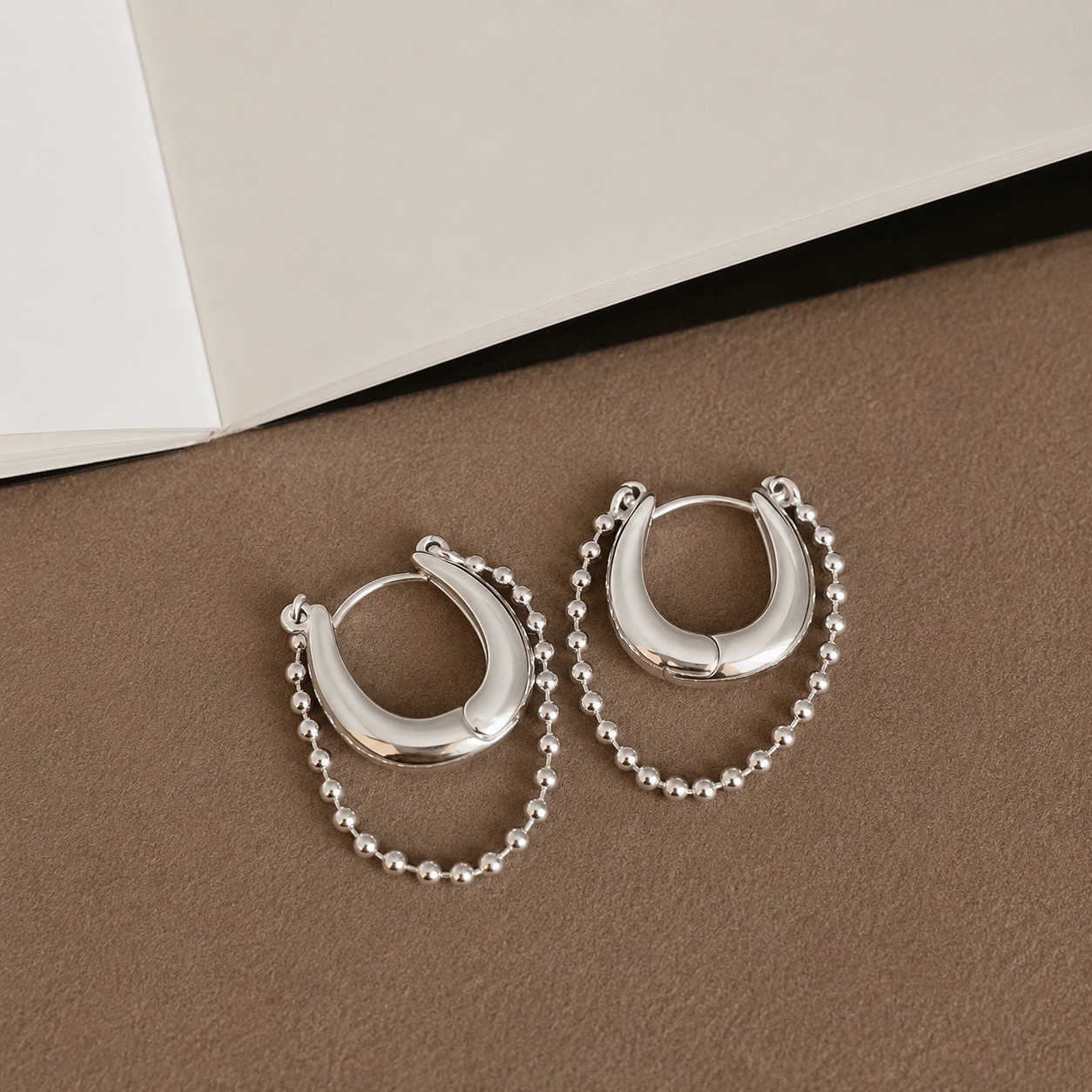 925 Silver Ball Chain Huggie Hoop Earrings Dainty Chunky Chain Drop Hoop D34