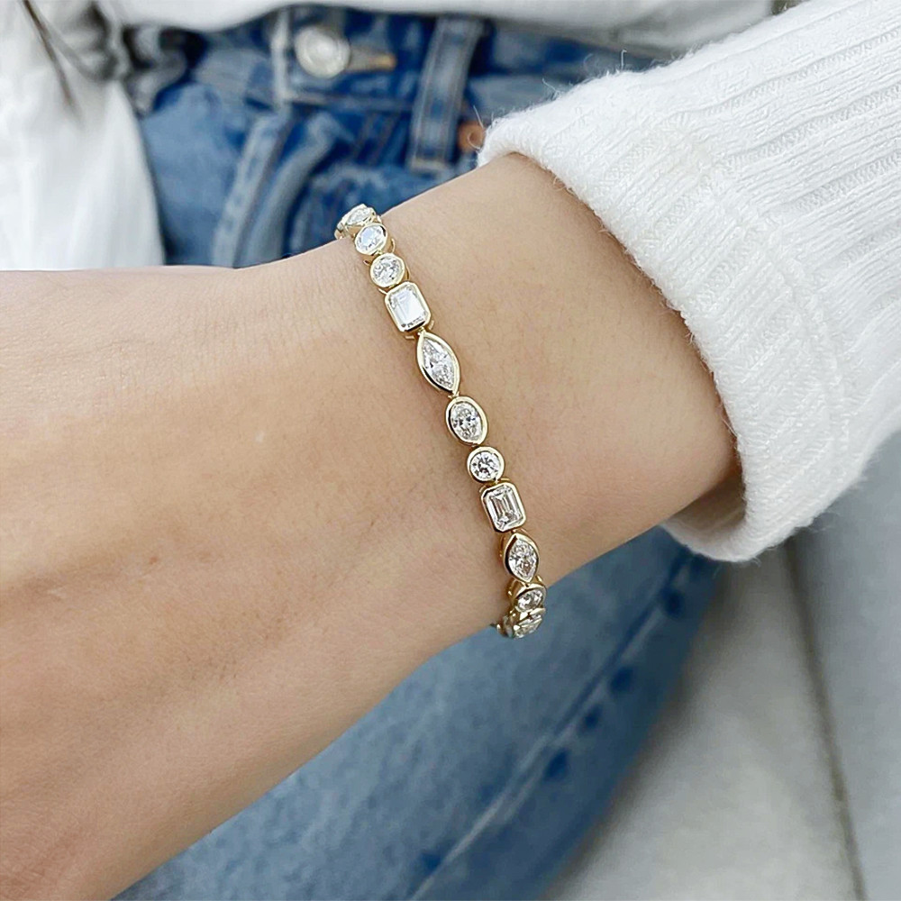 Lab Grown Diamond Bezel Wedding Tennis Bracelet 10Ct 14k Solid Gold Multi Shape