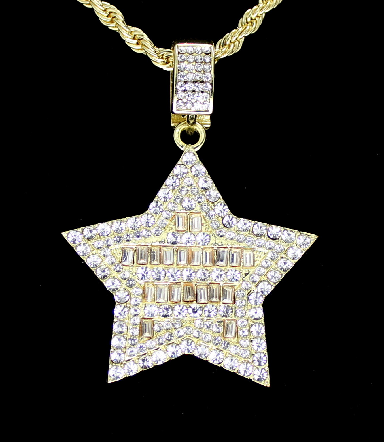 Iced CZ 5 Star Baguette Pendant 14k Gold Plated 24″ Rope Necklace Hip Hop