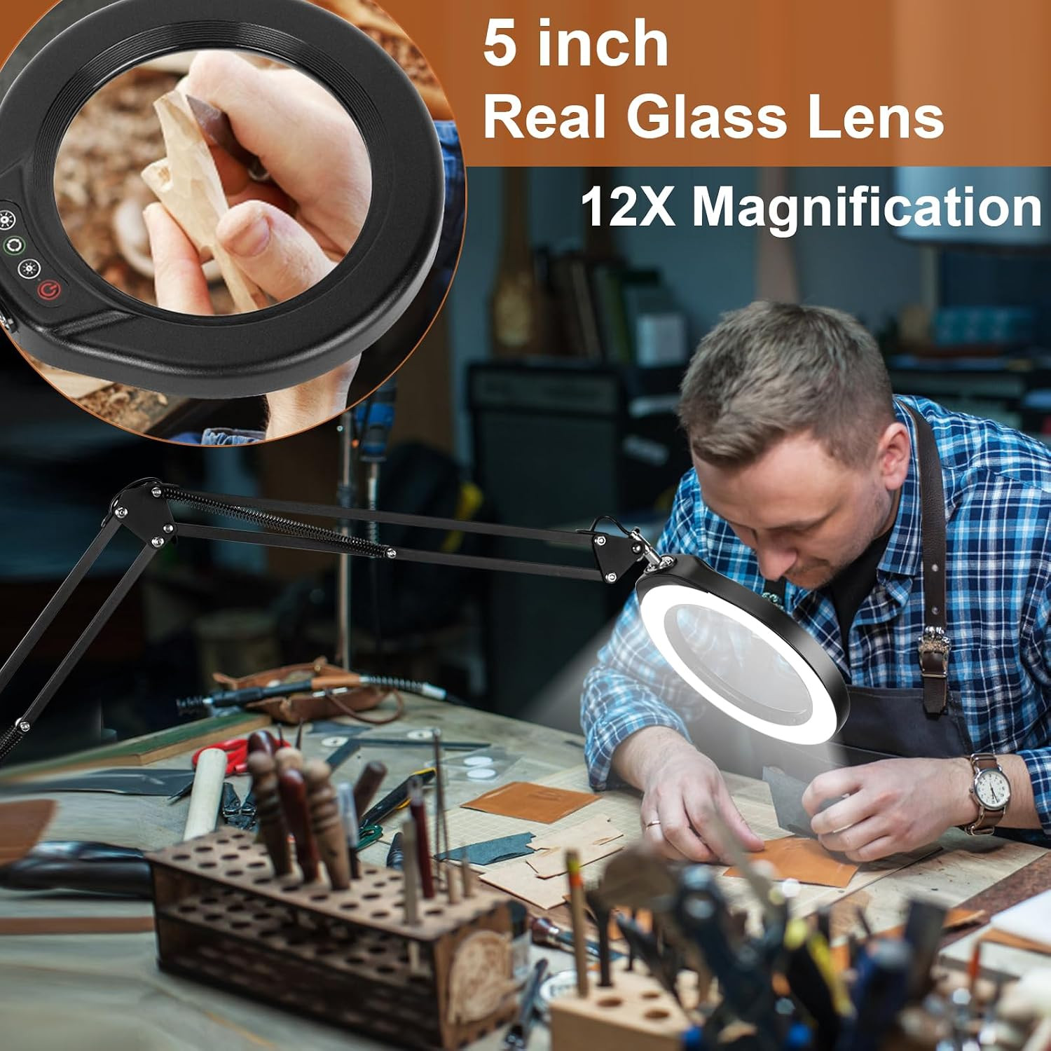 VEEMAGNI 5 Inch Large Real Glass Magnifying Glass with Light and Stand, 5 Color
