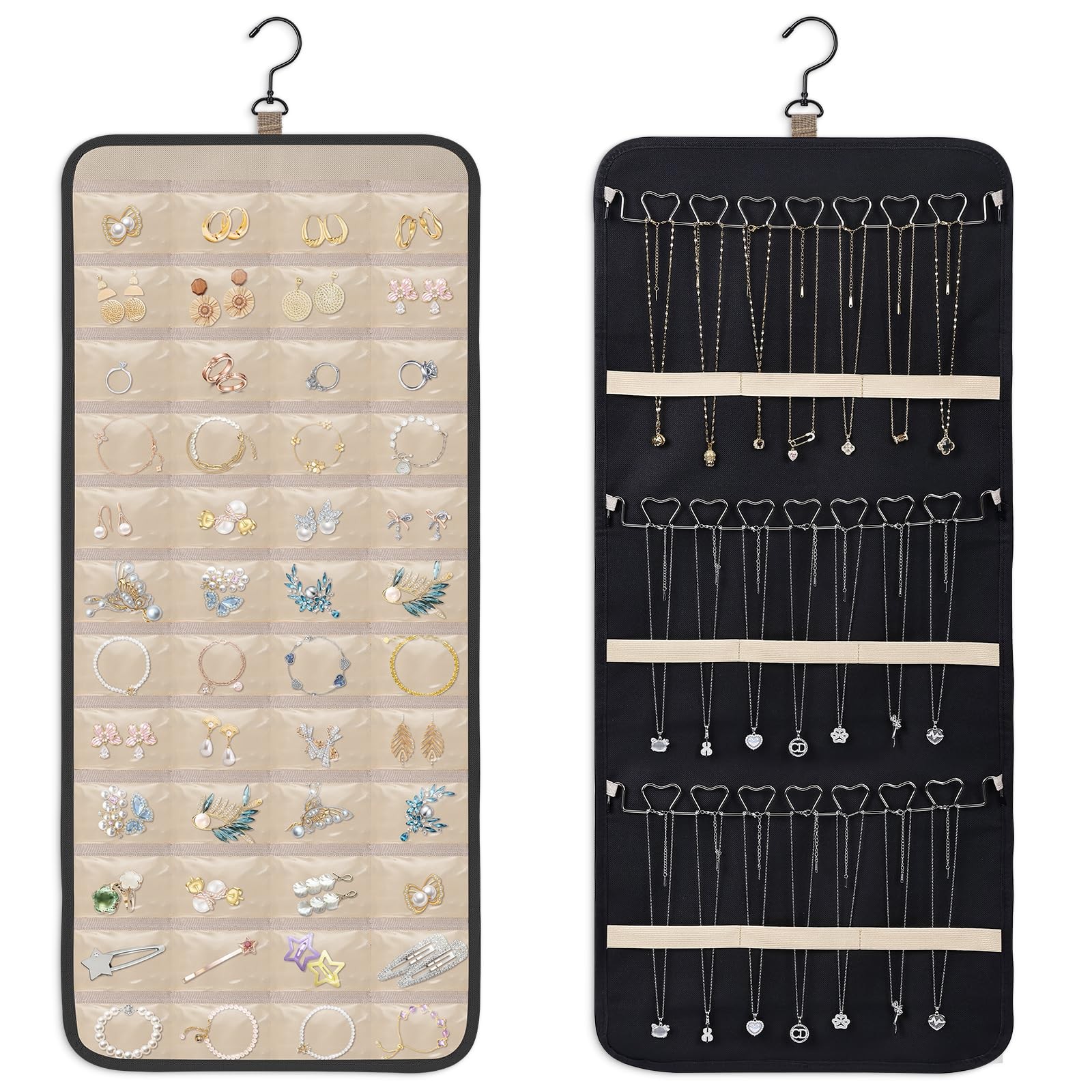 Double-Sided Hanging Jewelry Organizer, Large Black Storage Roll for Earrings…