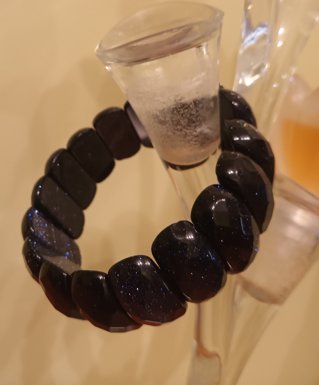 Black Goldstone Stretch Bracelet Sparkle Gemstone Wide Bar Bead Faceted Bangle