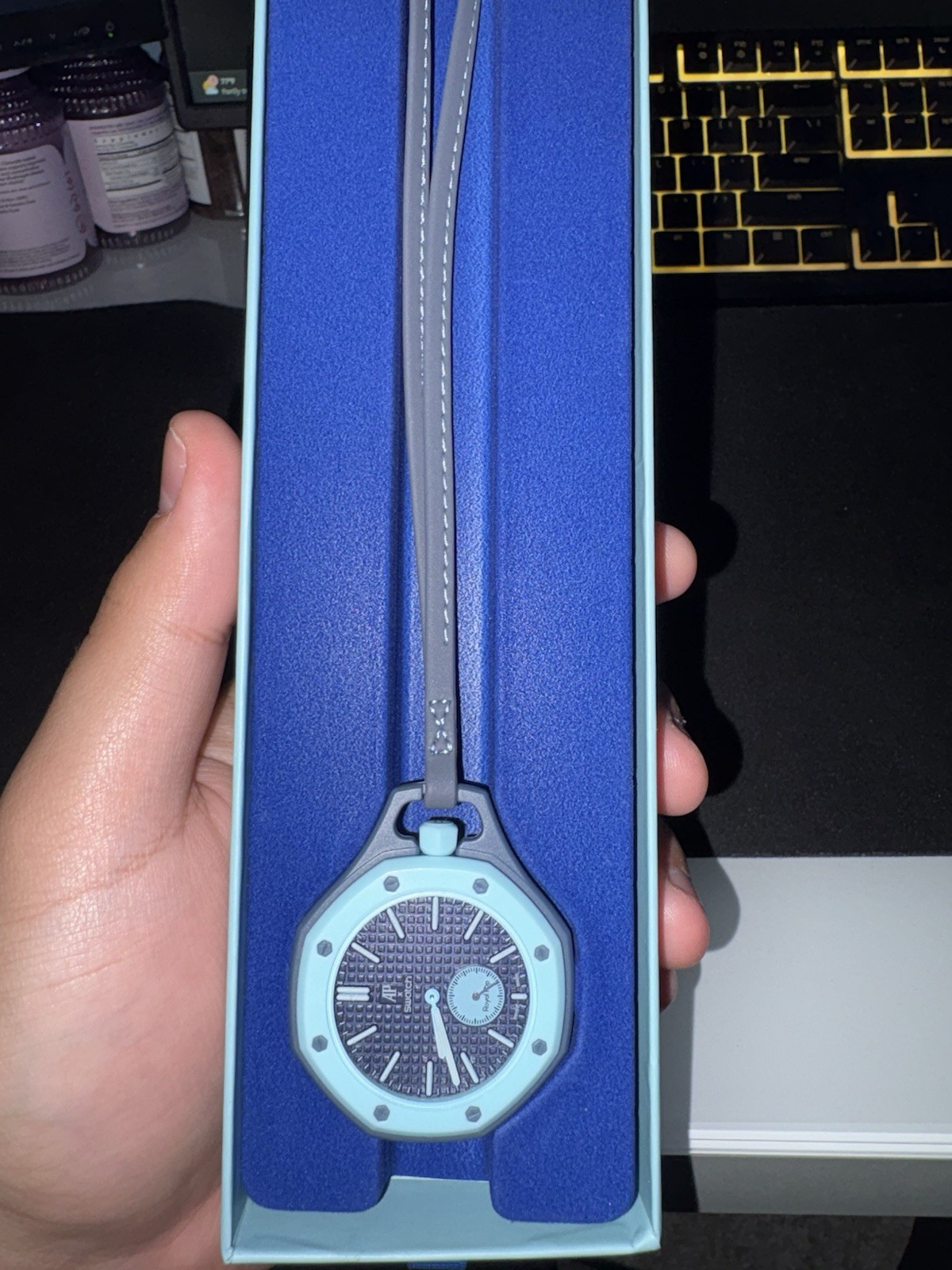 Swatch Royal Pop Lan Ba Quartz Analog Octagon Blue/Gray Silicone Strap w/ Box