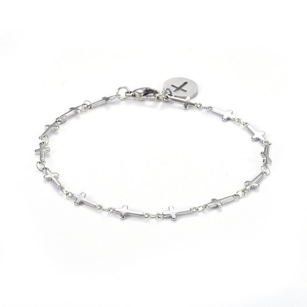 304 Stainless Steel Cross Link Anklet Lobster Flat Cross Silver Color 8.8″ A48