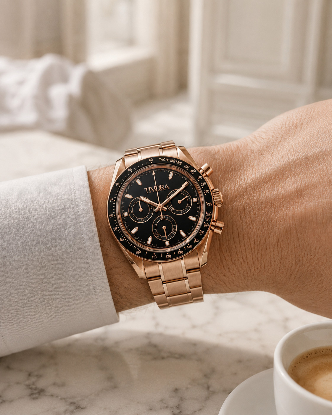 TÍVORÁ Veyron Rose Steel Onyx Dial – Custom Branded Automatic Chronograph Watch