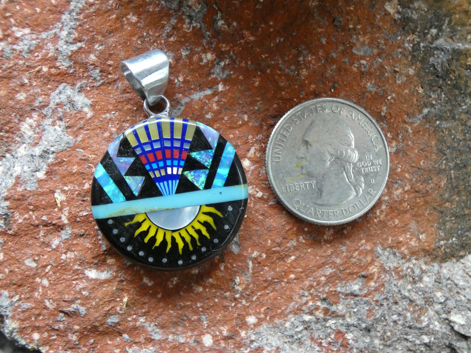 Southwestern Sun Multi Gemstone Opal Aluminum Sterling Silver Alloy Pendant AT1