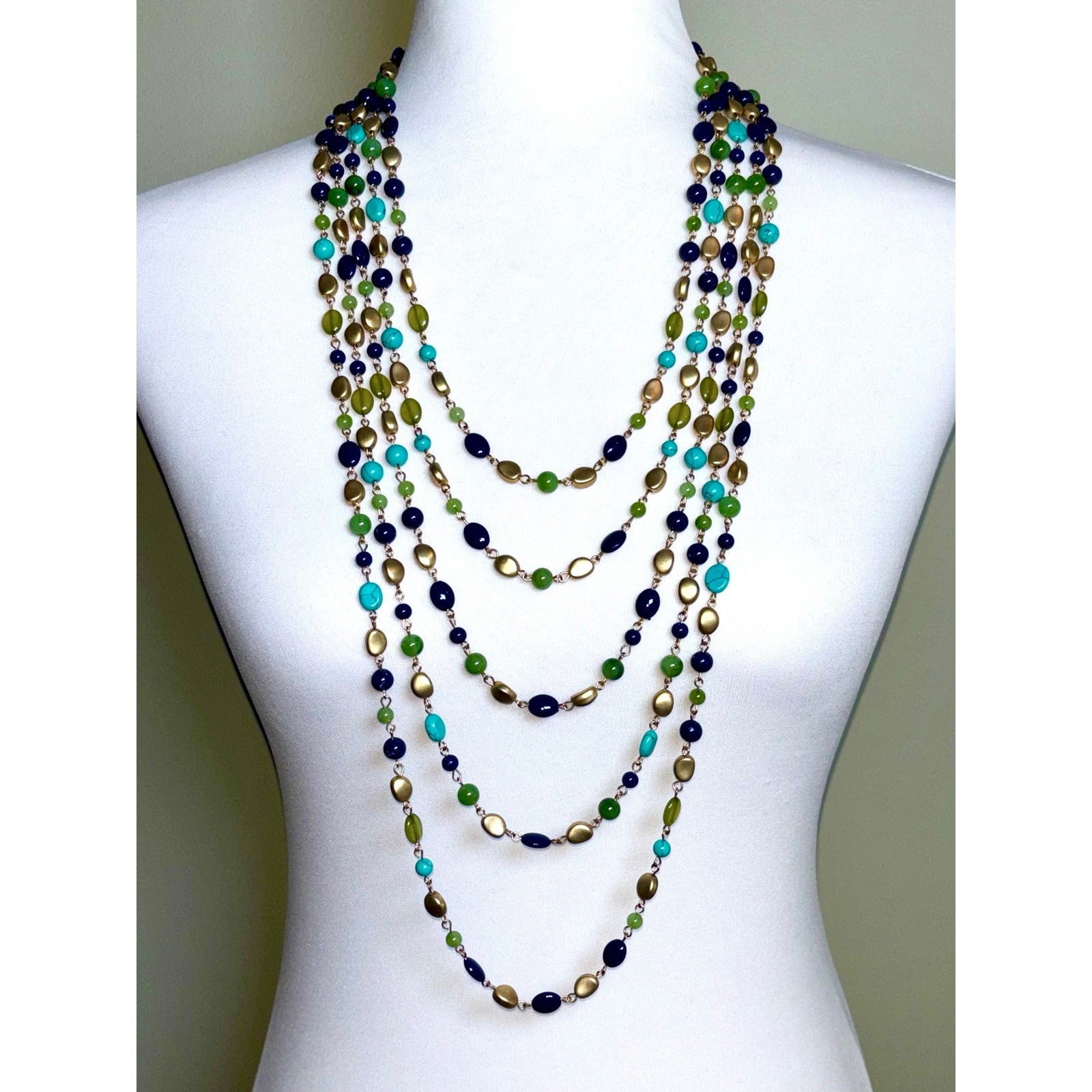 Vintage Multistrand Beaded Statement Necklace – Blue Green Gold