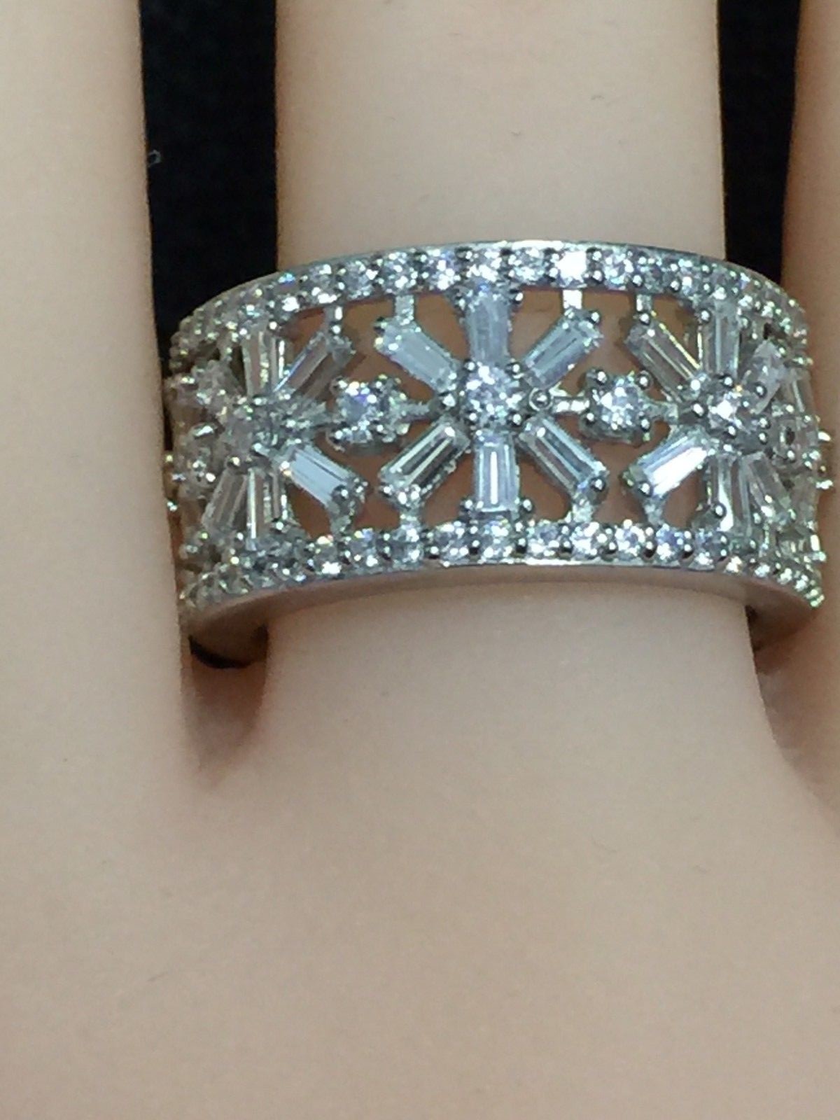 Beautiful Round & Baguette Clear CZ Eternity Band Silver Rhodium Plated Size 7