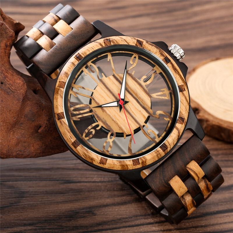 Skeleton Number Dial Wooden Watch Lightweight Eco-Friendly Watches for Men Women