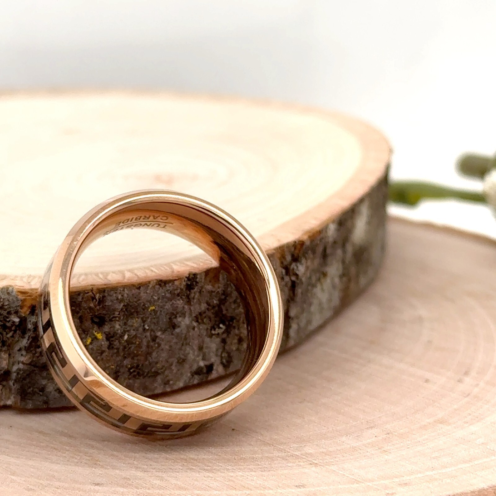 Rose Gold Polished Tungsten 8mm Modern Ring Greek Key Inlay Unisex Classic Band