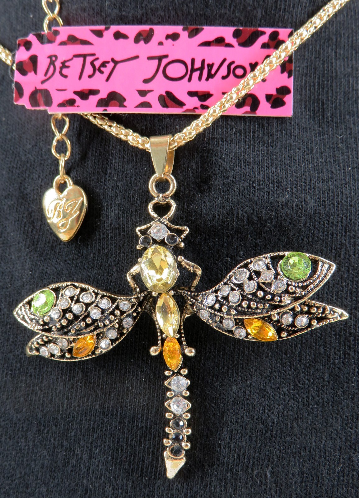 NWT-Betsey Johnson Topaz & Green Crystal Dragonfly Pendant on Goldtone Necklace