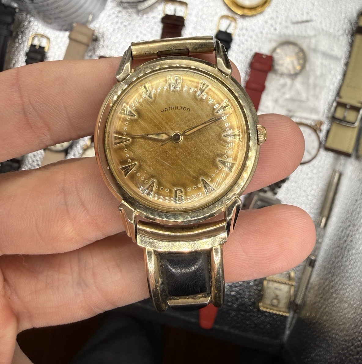 Hamilton Viking Vintage Manual Wind Gold Tone Black Leather SERVICED w/Box