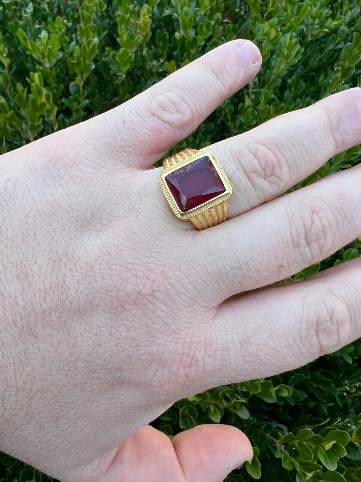 Mens Real 14k Gold Vermeil Over Solid 925 Silver Red Stone Ring Hip Hop Ice