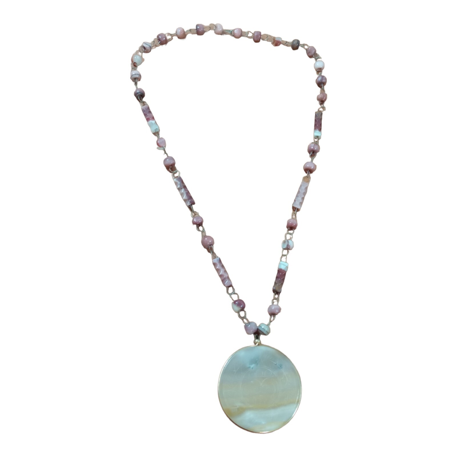 Necklace Beaded Light Burgundy Round Pendant Sand Color Carved 22.5 In